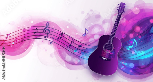 Purple Acoustic Guitar with Abstract Musical Notation Illustration.