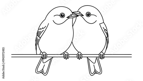 Sweetheart Birds Perched Together: Two adorable birds perched closely together, sharing a tender moment of affection on a slender branch. A perfect illustration of companionship, love.