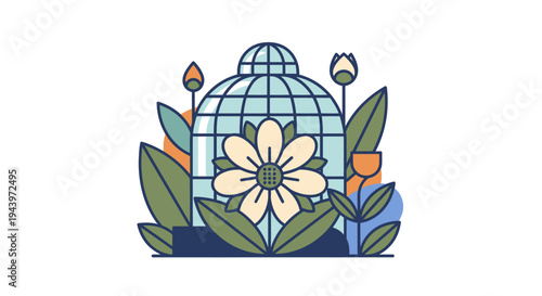 Greenhouse with blooming flower and plants illustration.