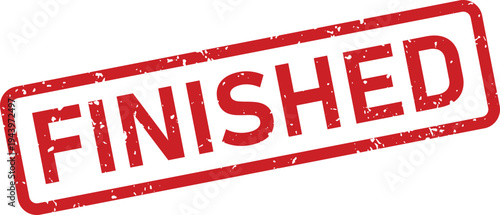 A textured red rectangular rubber stamp displays the bold capital word FINISHED diagonally on a white surface