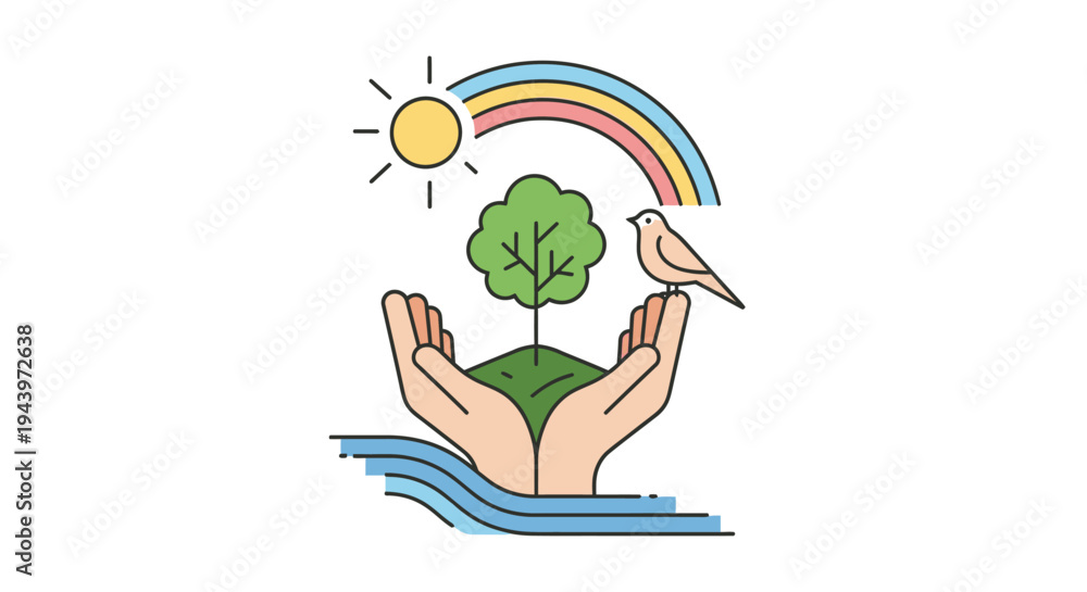 Fototapeta premium Hands holding a tree with a bird and rainbow above.