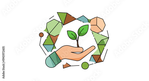 Hand holding a green plant sprout with geometric shapes background.