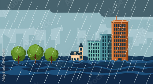 Vector illustration of a flooded city with skyscrapers and trees under heavy rain and stormy weather, representing natural disaster