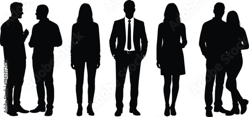 Silhouette group of diverse business people standing talking in conversation, networking discussion, communication and meeting concept on white background