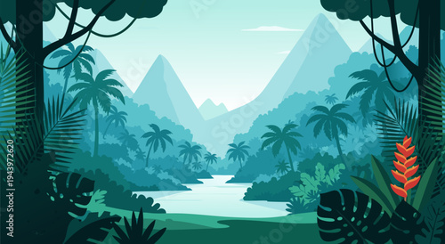 Serene Jungle River Landscape Vector Illustration with Lush Tropical Flora and Distant Misty Mountains