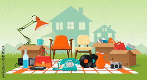 Vector illustration of garage sale items including furniture, electronics, and decor, perfect for lifestyle or home organization themes