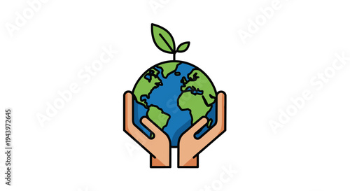 Hands holding planet Earth with a sprout growing.