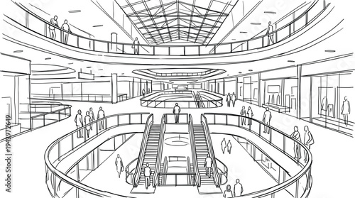 Modern retail atrium featuring curved elliptical mezzanines, a central escalator hub, industrial truss roofing, and wide-angle architectural perspective.