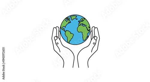 Hands holding planet earth illustration for environmental protection.