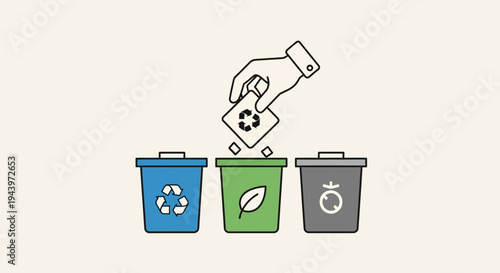 Hand throwing recycling symbol into correct bin.