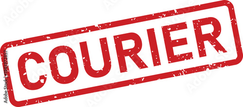 A vibrant red grunge rubber stamp displays the prominent word COURIER diagonally on a clean white backdrop