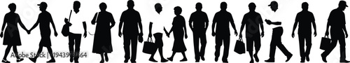Crowd of anonymous people walking in a line, black and white vector silhouette isolated on background, showing everyday urban lifestyle.