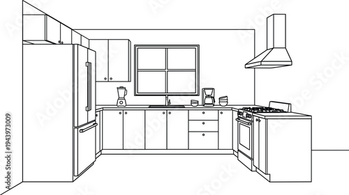 Modern symmetrical U-shaped kitchen perspective featuring head-on window view, slab cabinetry, and integrated professional appliances.