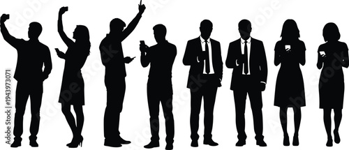 Diverse group of people taking selfies raising phones, casual and business outfits, black silhouette crowd vector illustration, social media moment