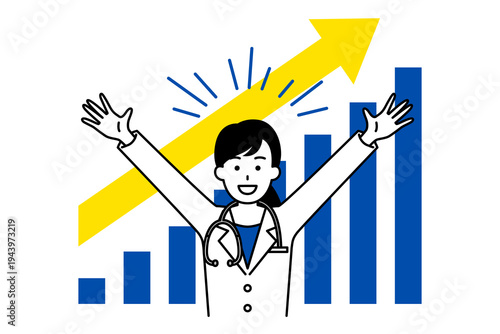 右肩上がりのグラフとバンザイで喜ぶ医師の女性