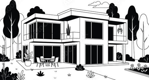 Modern two-story residential house perspective elevation with contemporary architectural features, wrap-around balconies, and outdoor living area.