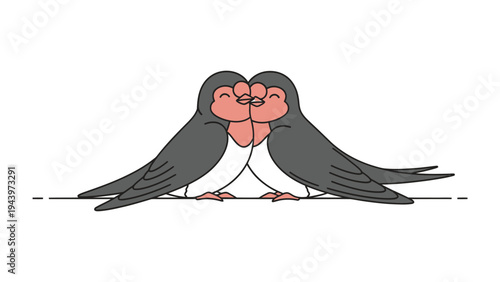 Lovebirds in Embrace: Two swallows are captured in a tender moment, their beaks touching as a symbol of affection and connection. An illustration of unity and harmony.