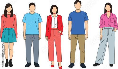 Vector illustration of diverse group of five people standing together wearing casual and business casual clothes isolated on white background