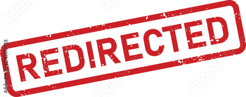 A vibrant red rectangular stamp with a distinctive grunge texture displays the uppercase word REDIRECTED