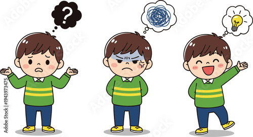 Cute cartoon boy character set with different facial expressions of confusion, frustration, and having an idea with thought bubbles, isolated