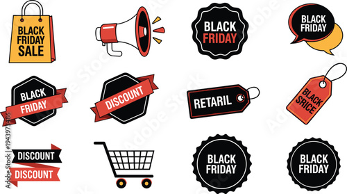 Black Friday Sale and Discount Label Set with Shopping Cart, Megaphone, and Retail Elements for Promotional Campaigns