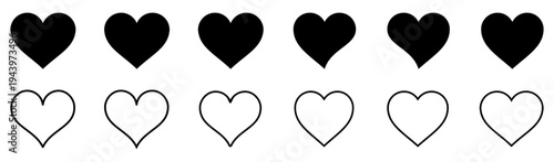 Heart shapes set showing solid and outline heart symbols. Simple love heart forms used for valentine, romance, favorite, like button, relationship sign, greeting design, and decorative symbol collecti