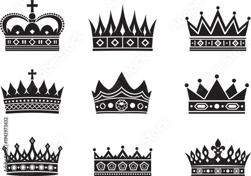 Royal Crown Silhouette Icon Set King Queen Monarchy Symbols