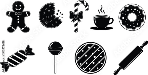 Bakery and Sweet Dessert Icon Set with Gingerbread Cookie, Donut, Candy Cane, Lollipop, Coffee Cup, Biscuit and Rolling Pin Symbols