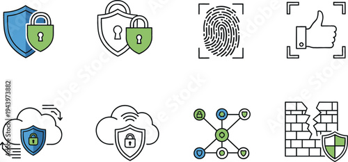 Cybersecurity and Data Protection Icon Set with Shield Lock, Fingerprint Scan, Cloud Security, Network Protection and Firewall Safety Symbols