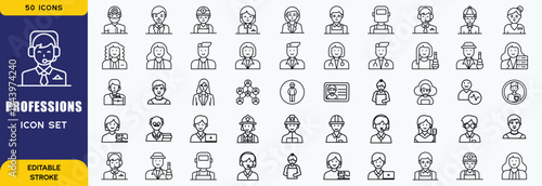 People Professions Line Art Icon Set with Diverse Careers Jobs Avatars and Occupational Characters Collection