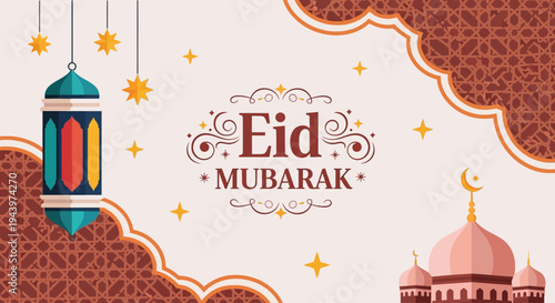Festive Eid Mubarak greeting banner illustration featuring a mosque, colorful traditional lantern, stars, and intricate geometric patterns on a light background, symbolizing celebration and blessings