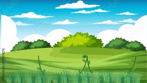 Sunny green hill landscape with blue sky and clouds, cartoon nature background illustration for kids, outdoor scene and spring design


