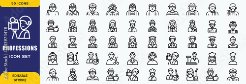 Profession Icons Grid. Outline icon set of professions: doctor, engineer, teacher, chef, artist, firefighter,