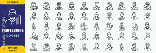 Profession Icons Grid. Outline icon set of professions: doctor, engineer, teacher, chef, artist, firefighter,