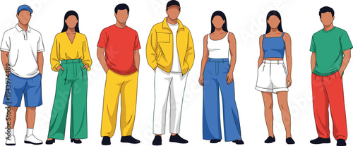 Young diverse group in trendy casual summer outfits, vector fashion illustration, colorful polos, wide pants, bomber jackets, crop tops, modern street style collection