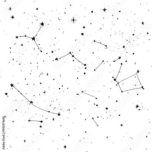 Abstract cosmic constellation artwork featuring glowing stars and connecting lines on a pure white background, digital illustration, no people.