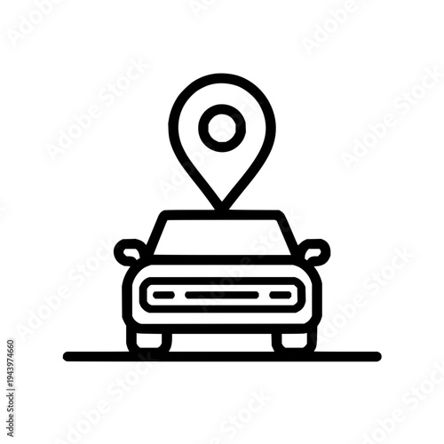 Vector line art icon of a car with a prominent GPS location pin, symbolizing navigation, ride-sharing, or vehicle tracking services.