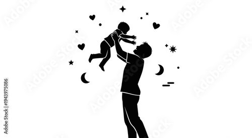 Silhouette of man holding baby.