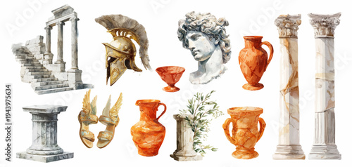 Ancient Greek architecture watercolor set featuring marble columns, vintage amphora vases, and Roman temple elements. Classical mythology-inspired graphic design collection.