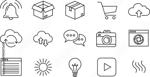 User Interface and Ecommerce Line Icon Set with Notification Bell, Package Boxes, Shopping Cart, Cloud Upload, Chat Messages, Camera and Play Button