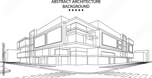 Professional architecture wireframe of a modern commercial building corner with large billboard facades and urban street layout