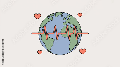 Earth with heartbeat line and hearts symbolizing love and care for the planet eco friendly concept
