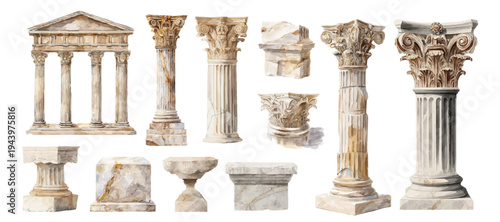 Watercolor ancient Greek columns and temple elements. Hand-drawn Mediterranean architecture with vintage pillar designs, antique statues, and classical mythology symbols.