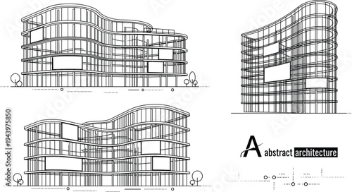 Professional architecture wireframe elevation set of parametric wave building with organic glass facades and integrated advertising panels