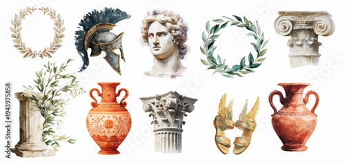 Watercolor Greek statue with ancient columns and olive branches. Hand-drawn Mediterranean architecture elements, antique vases, and mythology symbols in vintage style.