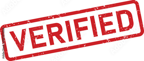 Clearly visible red VERIFIED word within a rectangular grunge style rubber stamp on a white surface