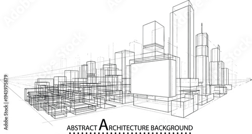 Professional architecture wireframe of an expansive city skyline with skyscrapers and large billboard facades for urban backgrounds