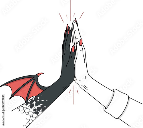 Two hands touching fingertips one human and one devil with red nails and white background
