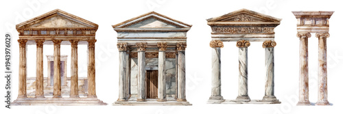 Hand-drawn vintage Mediterranean temple pillars and classical statues. Bohemian decorative frames with Doric architecture, mythological symbols, and Athens-inspired marble elements.