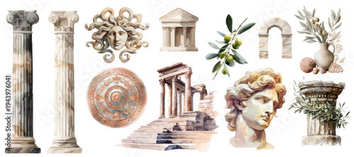 Ancient Greek columns and Roman architecture in watercolor style. Mediterranean antique elements with olive branches, vases, and classical pillar designs.
